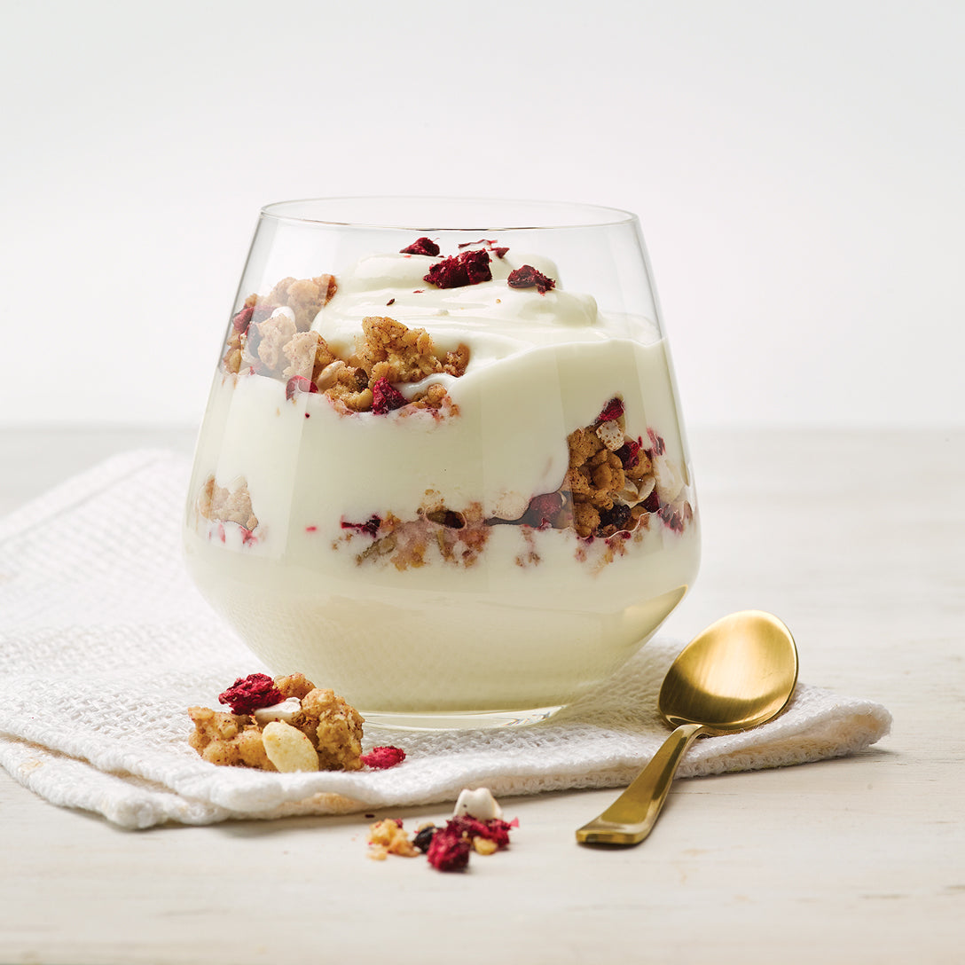 2 percent greek yogurt in glass cup